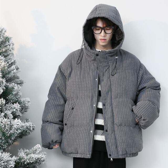 【予約販売】ダウンジャケット アウター ショート丈 柄 フード付き ブラック/グレー シンプル 防寒 メンズ 防寒 お洒落 こなれ感 ベーシック 秋冬 大きいサイズ M/L/XL/2XL