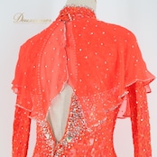 社交ダンス 衣装 スタンダードドレス ワンピース ドレス スタンダード フリル レース デモ 競技 ダンス パーティ 発表会 ボリューム 朱色 赤 白 ホワイト系 レッド系 オレンジ系 可愛い ダンス発表会 ドレスアップ 競技用衣装 女性用ドレス パーティードレス 高級感