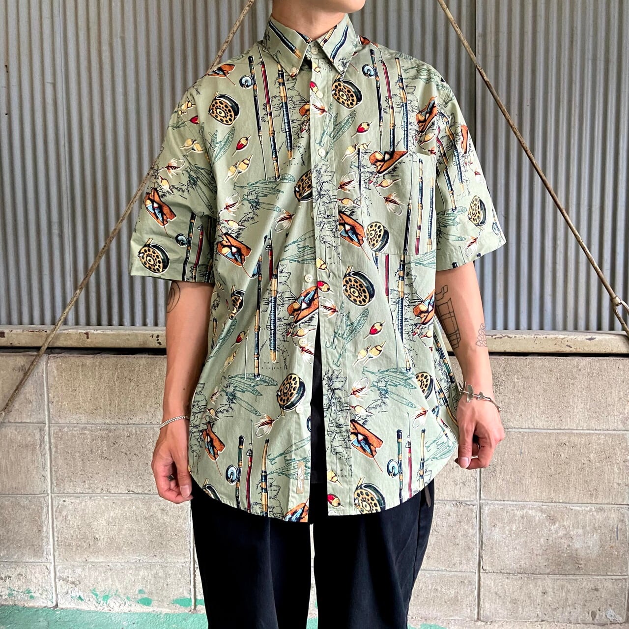 Natural Issue フィッシング柄 半袖 総柄シャツ メンズm 古着 釣り竿 ルアー ペールグリーン 緑色 半袖シャツ 216sa10 Sa Cave 古着屋 公式 古着通販サイト