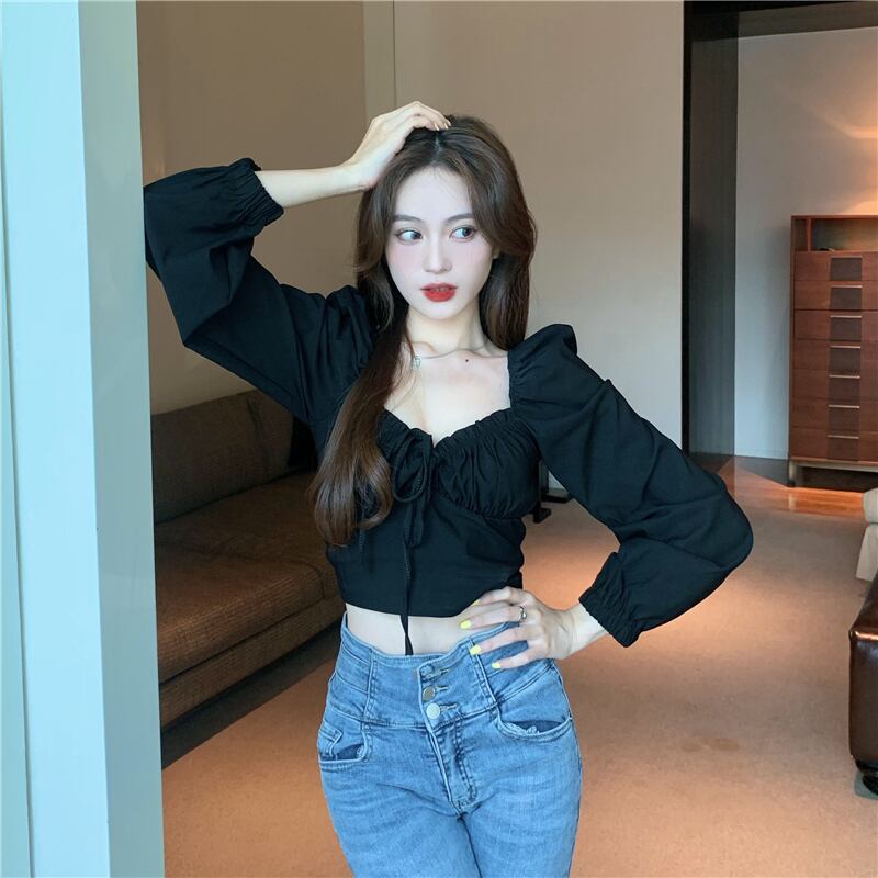 スタイルスリーブスリムショートブラックシャツ トップス サマー薄手 ロング 夏物 ドラファッションホール30815305156