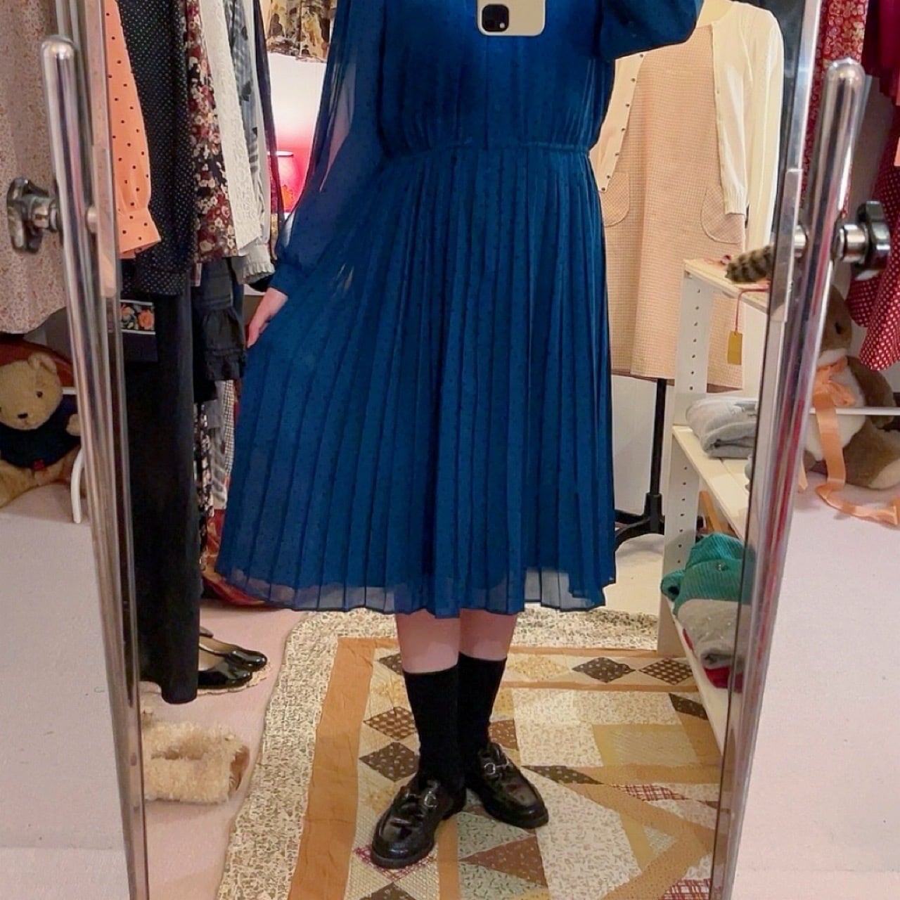 blue green dot pleats one-piece