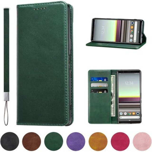 Xperia 5 ケース 手帳型 高質PUレザー Xperia 5 カバー Sony SOV41 ケース ソニー エクスペリア5 耐衝撃 SO-01M カバー Case 皮革 内蔵マグネット開閉式 ベルトなし スマホケース おしゃれ カードポケット スタンド機能 便利 スプラット同梱 携帯ケース グリーン 975