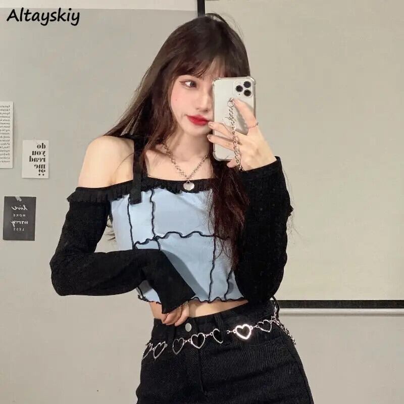 【新作】【送料無料】 Tシャツ女性オフショルダーパッチワークファッションオールマッチ長袖スリムクロップトップスシックな甘いストリートセクシーなカジュアルインデザイン 0390143750921