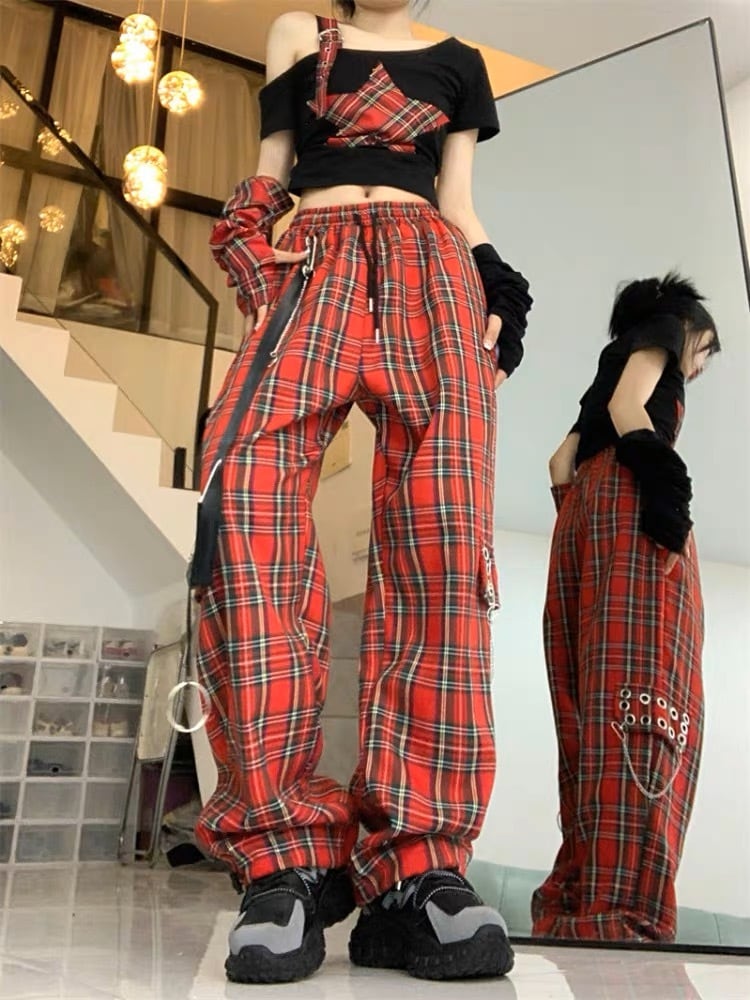 病みかわいい 赤チェックセットアップ オフショルダー スタートップス