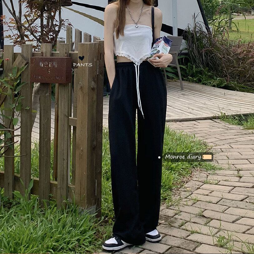 ブラックハイウェストギャザーパンツ サマー薄手ルーズ 夏物 モンロー35887493788