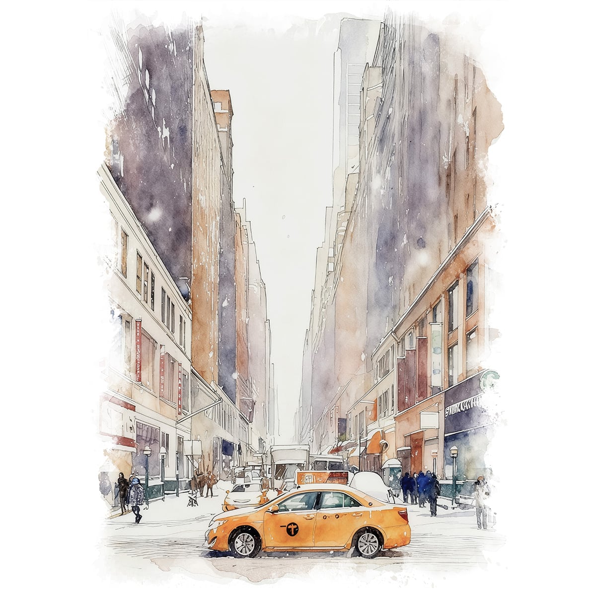 絵画 風景画(街並み) 冬 アメリカ 雪のニューヨークを走るイエローキャブ インテリアアート額付き 水彩画・油絵風 WAT0991