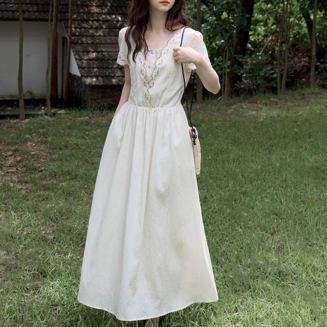 lace embroidered square neck flare dress