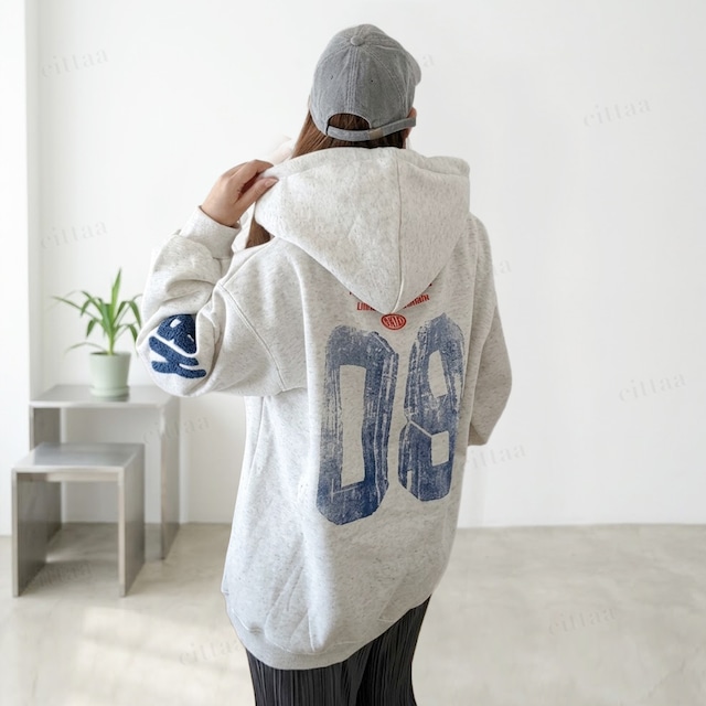【即納】Y-5107　2026秋新作♡08袖刺繍デザインヴィンテージプリントフーディー　メランジ　0923