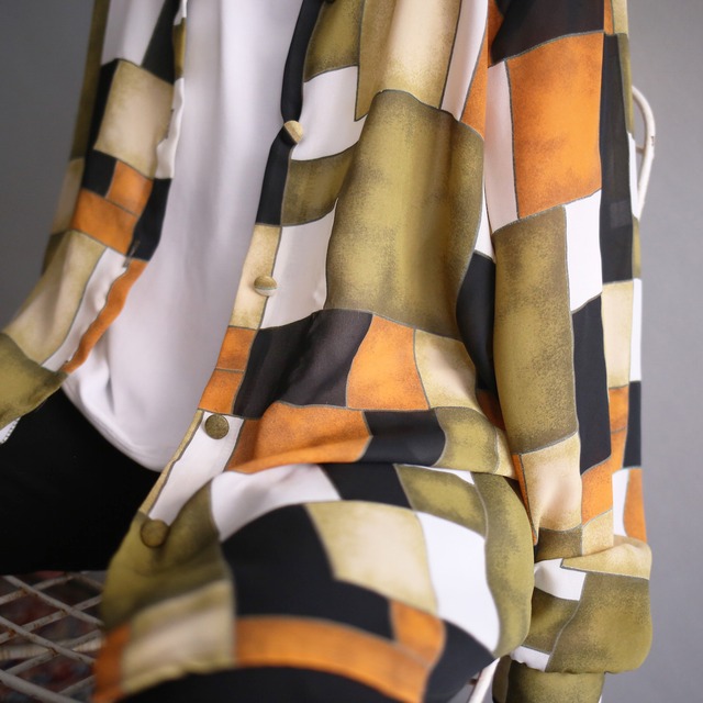 block multi color art pattern see-through shirt