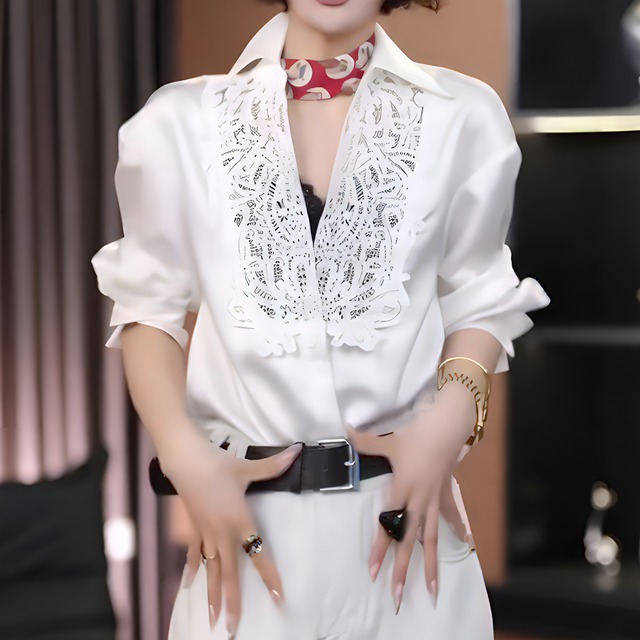 ライトラグジュアリーレースステッチ長袖ホワイトシャツ　BM1129