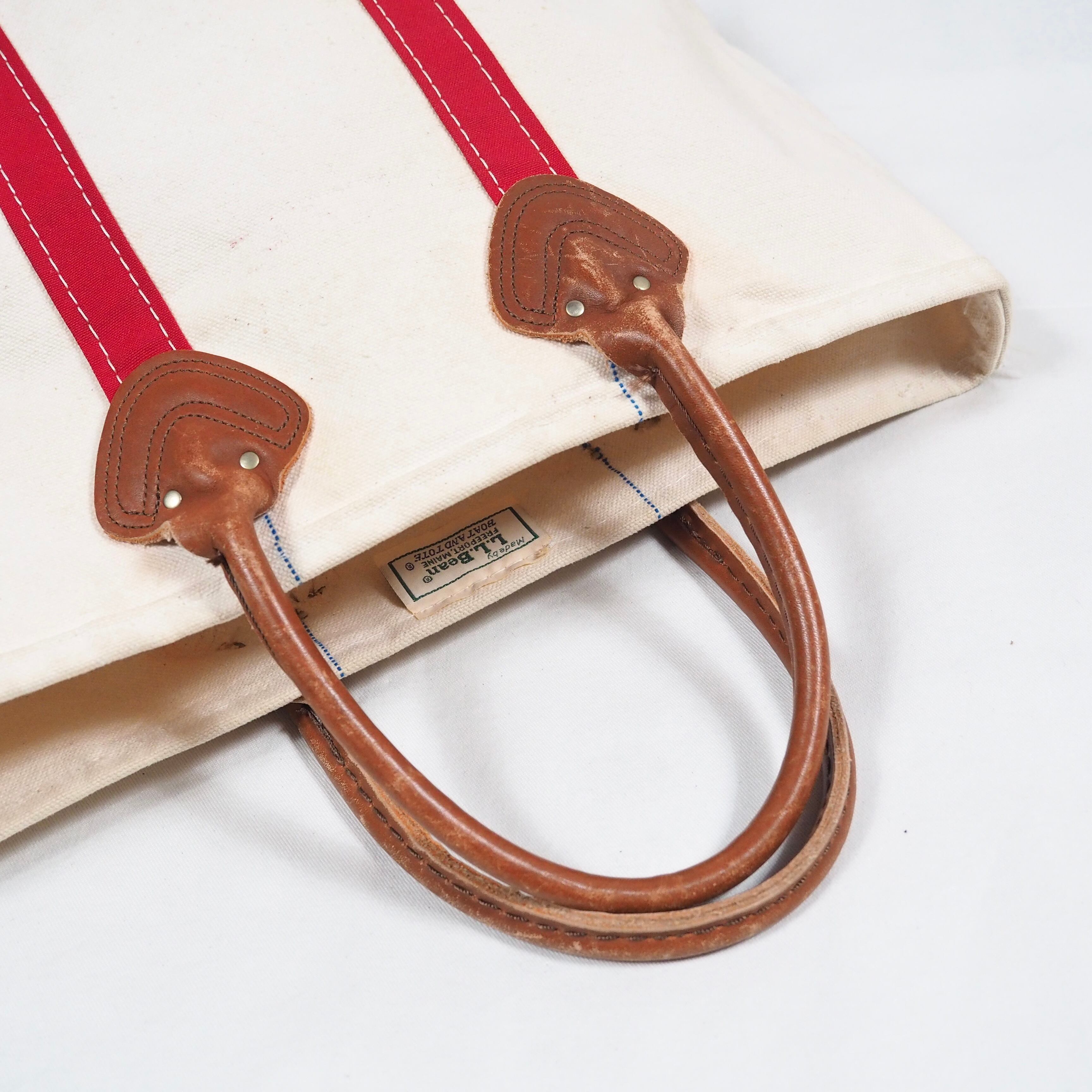 L.L.Bean leather handle canvas tote bag white/red BOAT&TOTE 80’s USA製 LLビーン キャンバス トートバッグ