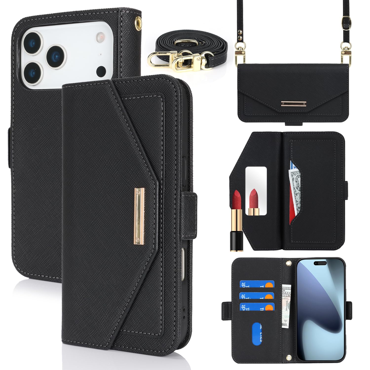 【Hamany】 対応 いphone18promax ケース 手帳型 スマホ ショルダー 鏡 いphone17pro max ケース -黒