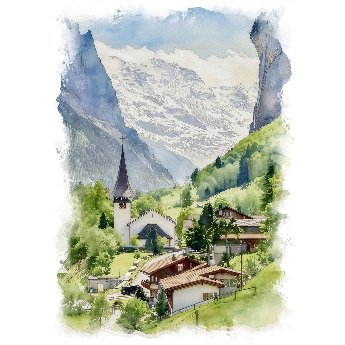 絵画 風景画(街並み) スイス アルプス スヴィッヅェレ山 インテリア