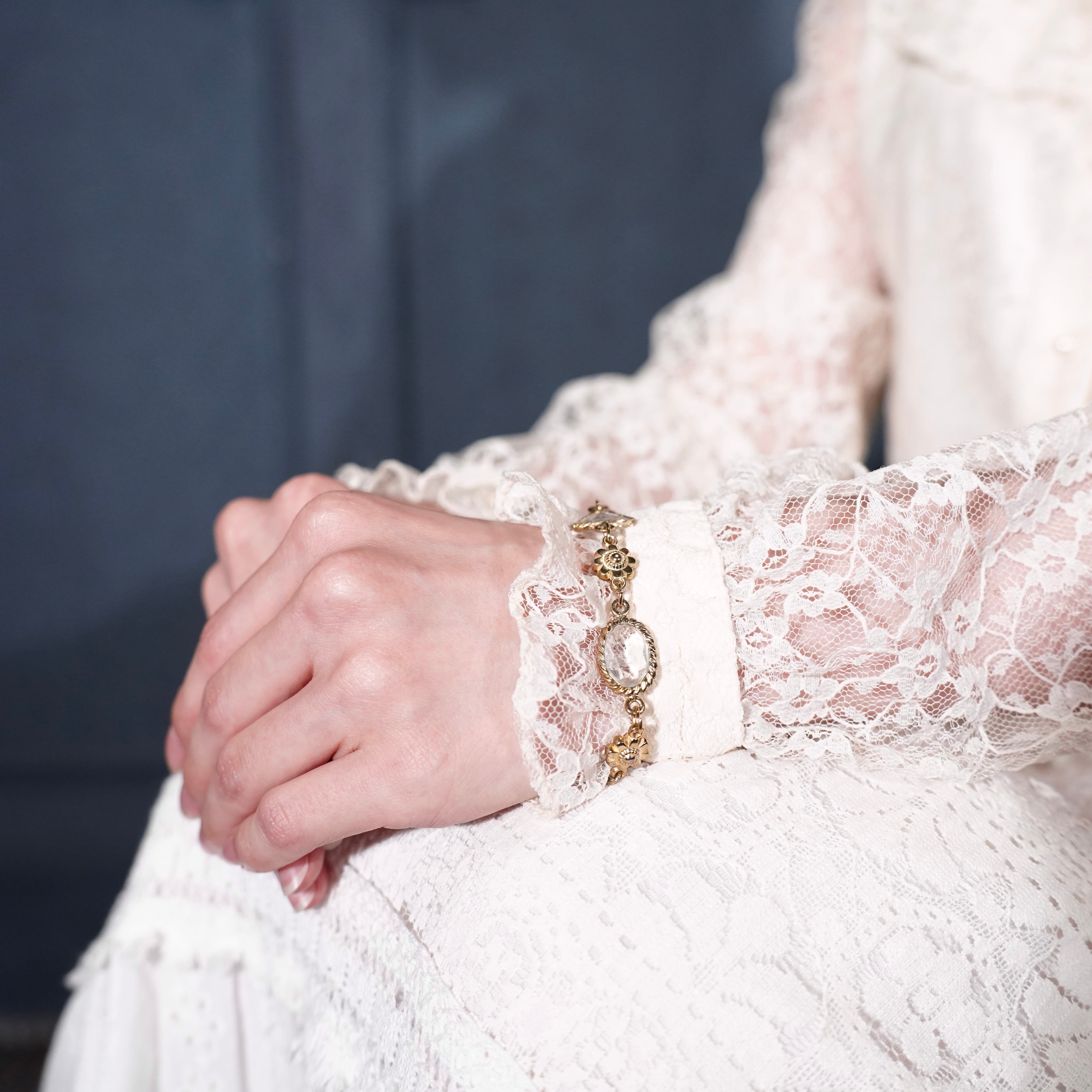 USA VINTAGE CLEAR STONE FLOWER DESIGN CHAIN BRACELET/アメリカ古着