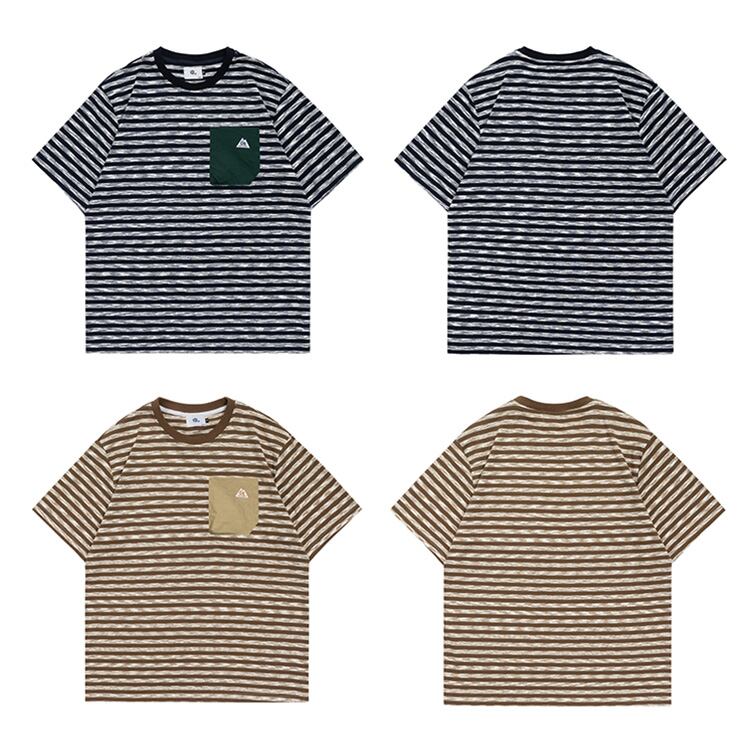 ★COLLAR POCKET ROUND NECK STRIPED T　　　A0637