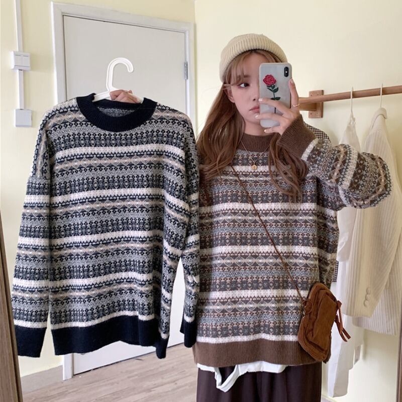 スタンダードジャカードセーター ルーズスタイルオータムウィンタープルオーバー レトロ 秋物 冬物 YY-ファッション75879311639