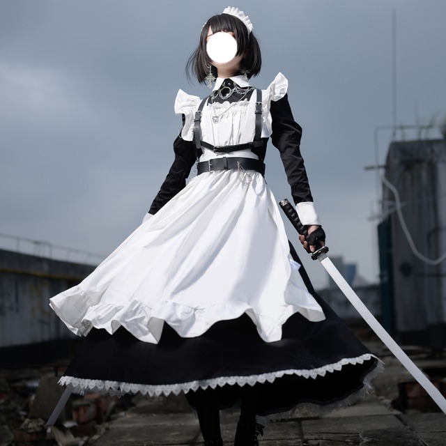 Maid mimi 　ワンピース　エプロン　セット　ブラック　ロング　メイド服