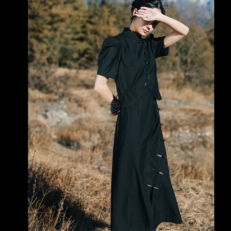 大青龍肆シリーズ チャイナ風ワンピース フェイクレイヤード デザイン性あり 中華服 ロング丈 女子会 卒業式 Elegant