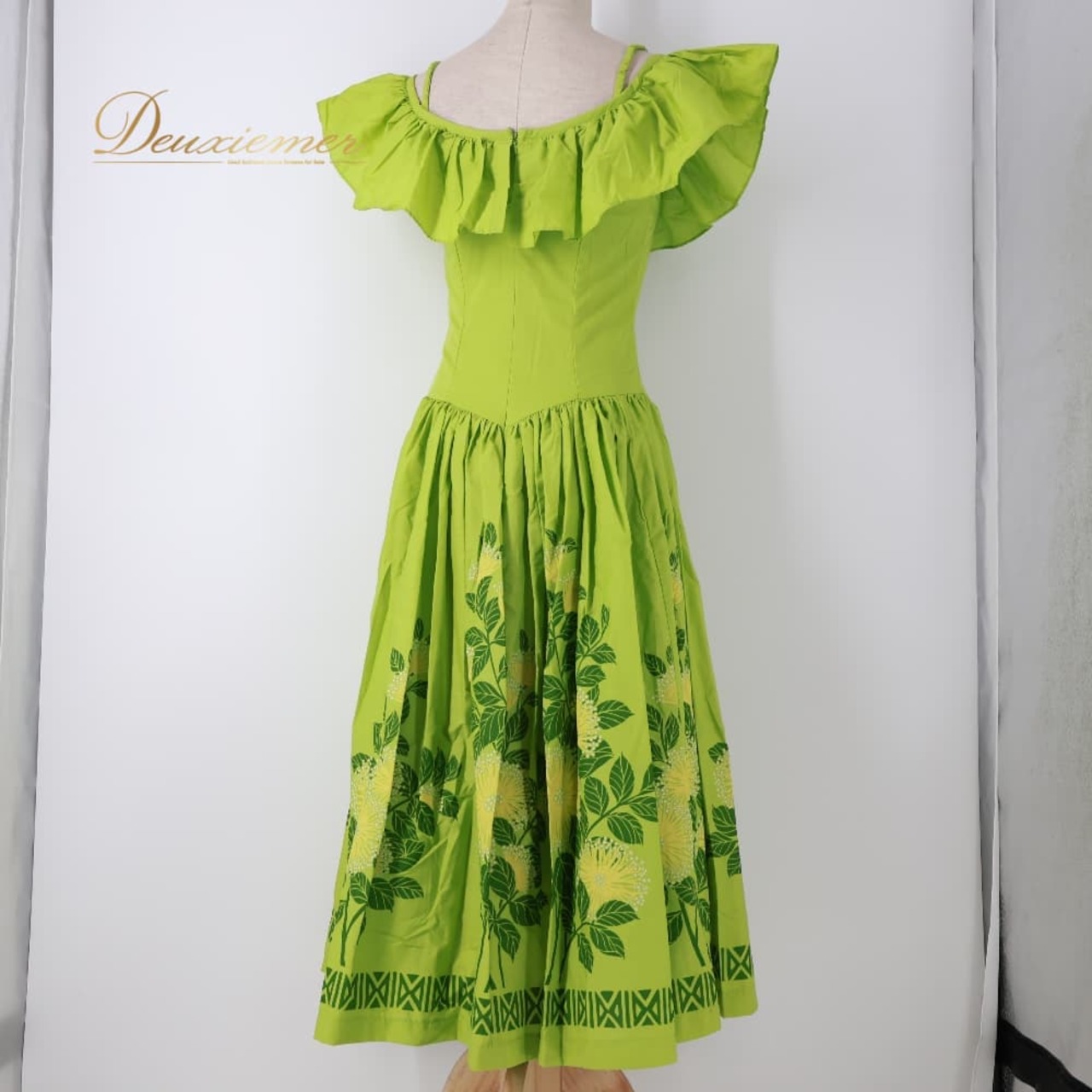 フラダンス 衣装 CC Fashions CCファッション ワンピース ドレス グリーン系 レフア柄 緑 黄 フリル フラ ダンス ダンス衣装 イベント ステージ ハワイアン アロハ かわいい 華やか おしゃれ 花 花柄 イエロー系