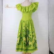 フラダンス 衣装 CC Fashions CCファッション ワンピース ドレス グリーン系 レフア柄 緑 黄 フリル フラ ダンス ダンス衣装 イベント ステージ ハワイアン アロハ かわいい 華やか おしゃれ 花 花柄 イエロー系