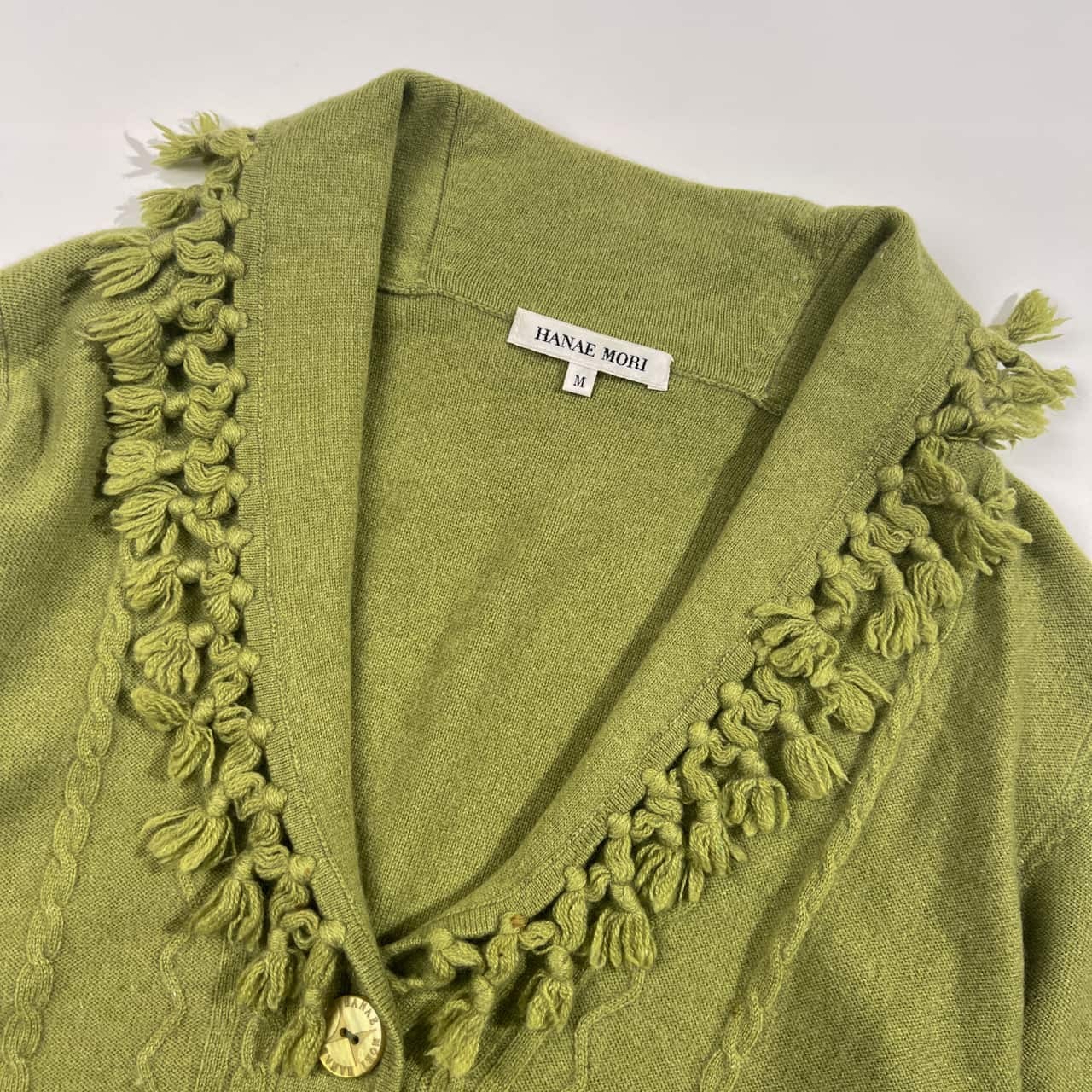 カシミヤ100% HANAE MORI ハナエモリ Vネック フリンジ デザイン ニット カーディガン M/グリーン レディース