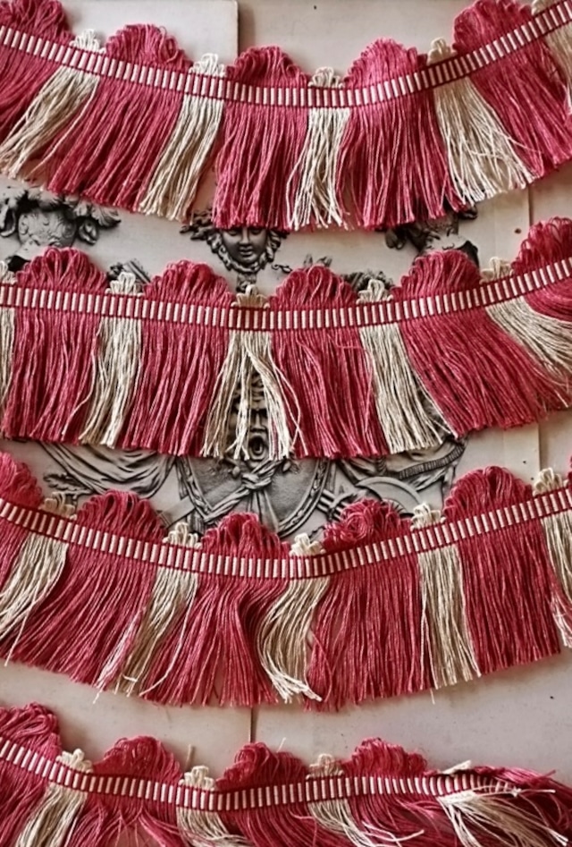 フランス 50x11c リネン 薄曇りの木苺とフリンジブレード ヴィンテージ