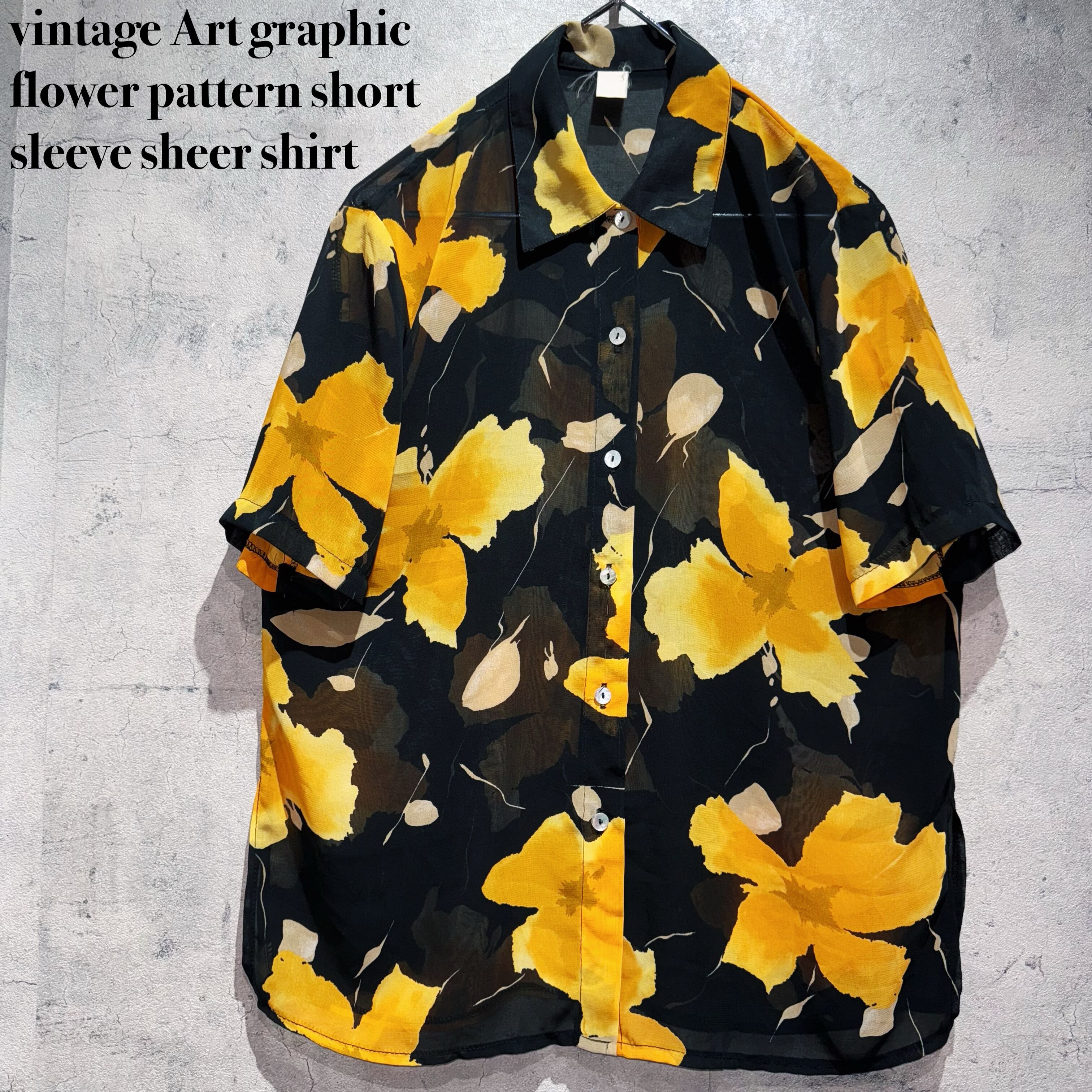 vintage Art graphic flower pattern short sleeve sheer shirt