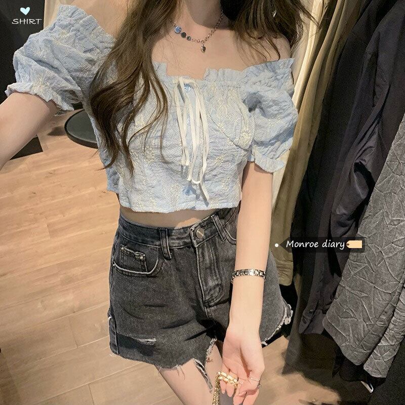 シャツ 薄手サマーショートトップス レース 大人ガーリー スウィート キュート カジュアル 夏物 レースアップ モンロー69837033766