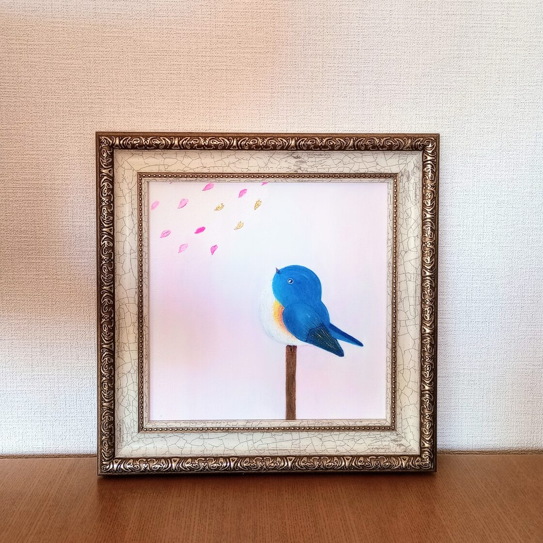 blue bird』金継ぎのインテリアアート 純金箔 モダン ゴールド 額 癒し  