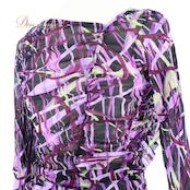 社交ダンス 衣装 チャコット Chacott トップス スカート ツーピース セットアップ 紫 柄 模様 ラテン 上下セット 伸縮 レッスン パーティ 発表会 日本製 パープル系 ブラック系 おしゃれ 衣装 レディース Mサイズ 発表会衣装 バレエ用衣装 ダンスウエア お洒落