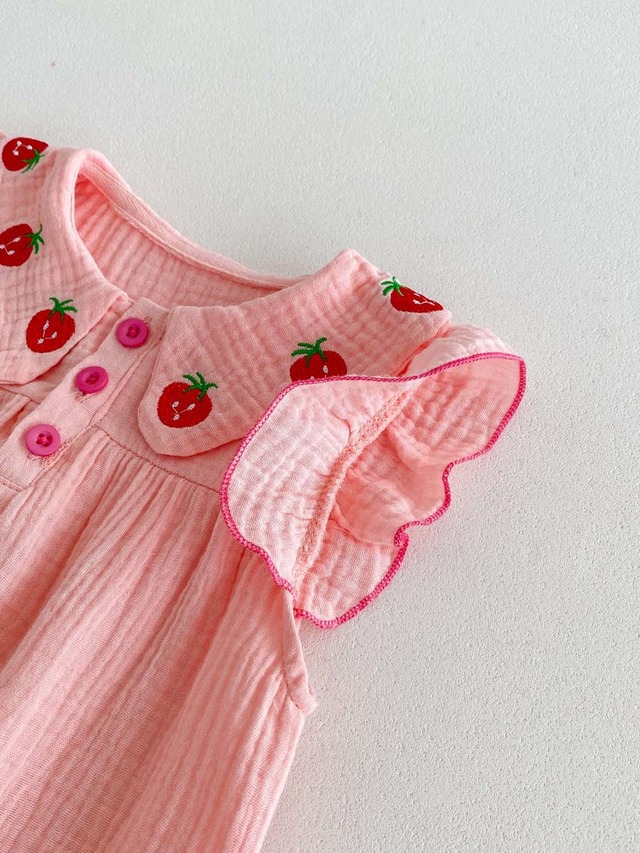 【BABY】いちご刺繍フリル袖ダブルガーゼロンパース - 10