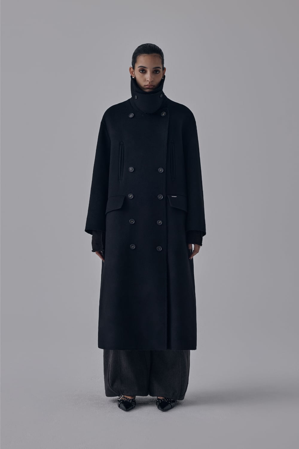 TREEMINGBIRD] High Neck Double Button Wool Long Coat [ Black