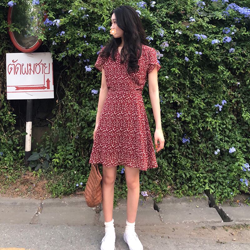 2020年ファッション新春夏着気質原宿風Vネックシフォンシックレッドロングスカート女性フローラルドレス YY-ファッション91291261081