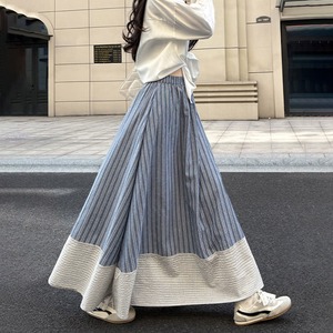 ロング スカート レディース 春 夏 秋 韓国 フレア Aライン ストライプ柄 チェック柄 配色 切り替え ハイウエスト ウエストゴム ボリューム 体型カバー 着やせ 大人 カジュアル 旅行 お出かけ マキシ スカート [LS-CGK024]