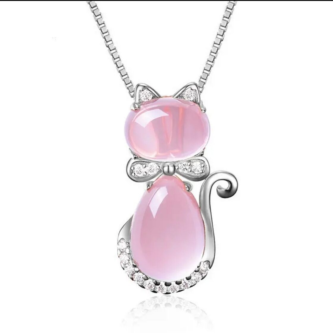 ピンクオパールネックレスネコウサギデザインキュービックジルコニアCZ 