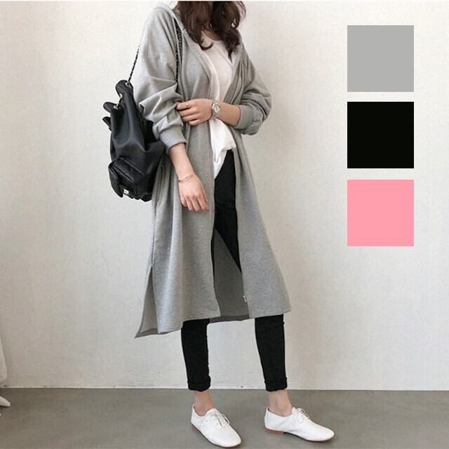 アウター コート ビッグシルエット スウェット フーディ ロングパーカー 無地 くすみカラー 長袖 ラグランスリーブ フード付き ジップアップ グレー/ブラック/ピンク M/L/XL/2XL