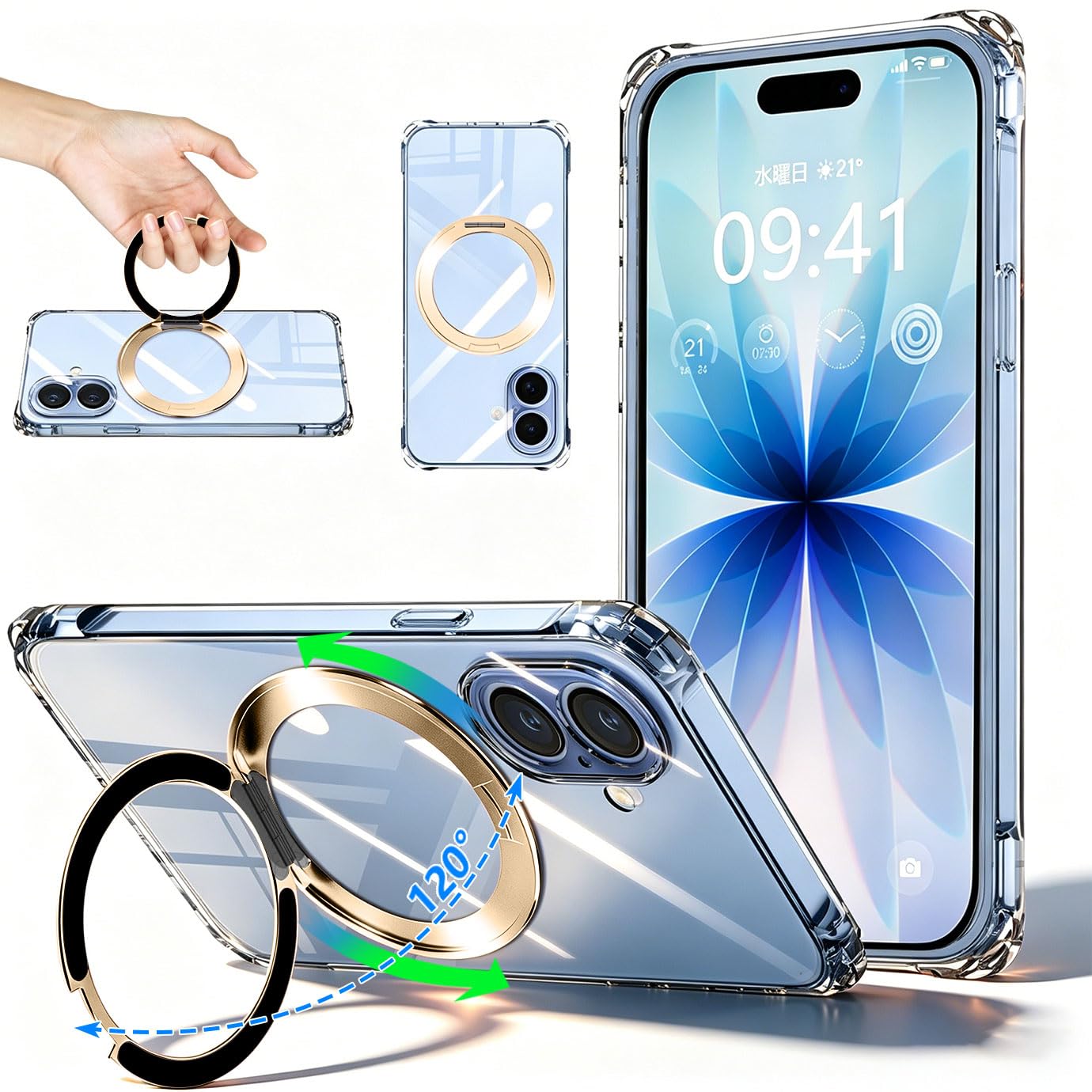 yakxixi iPhone 17 クリア ケース 360°回転リングスタンド 強力マグネット 四隅耐衝撃 4か所ストラップホール