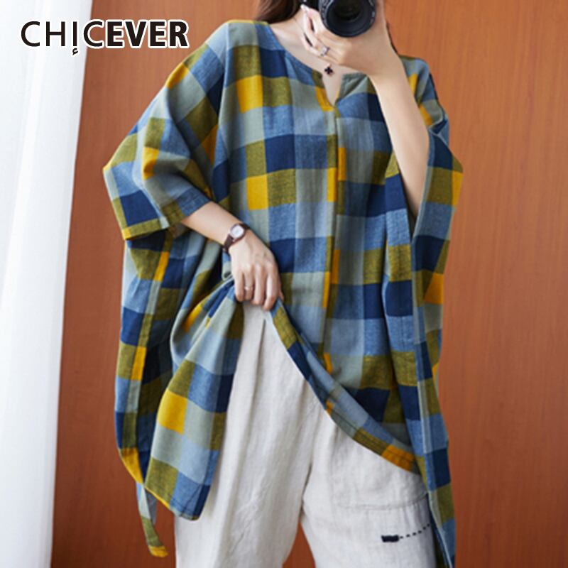 CHICEVERチェック柄シャツレディースOネックハーフスリーブパッチワークヒットカラールーズオーバーサイズロングブラウス2021秋 半袖 オータム 秋物 6base568320647380