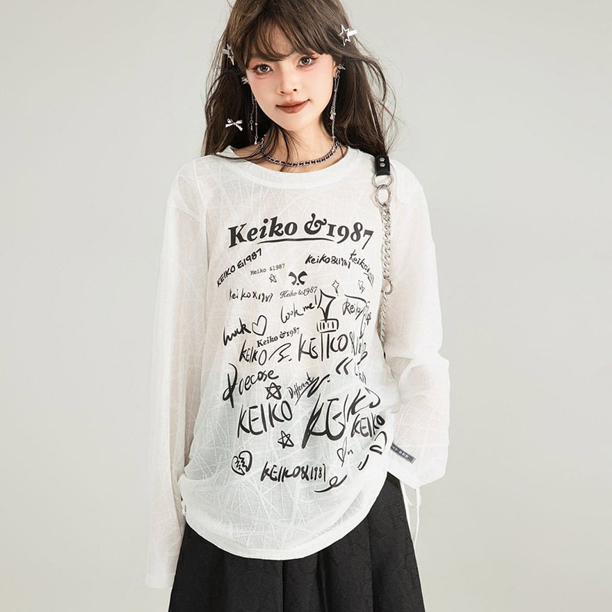 ゴスロリ通販 With U KEIKOシリーズ 長袖Tシャツ トップス プルオーバー プリント バタフライ 蝶 透け感 刺繍 病みかわいい 原宿系 大人ゴシック きれいめ ダークファッション