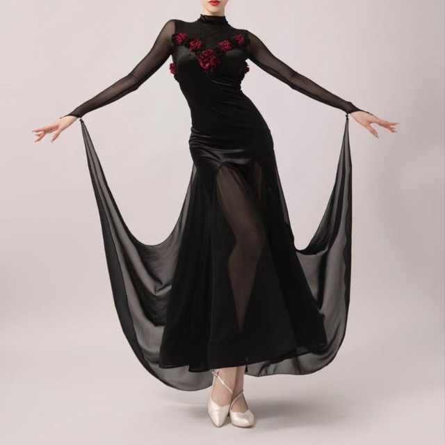 ハイネック ローズモチーフ シースルー ロングドレス 1col　D00390