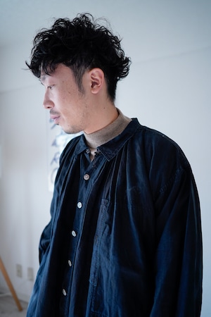 【1920-30s】"Biaude" Indigo Linen Full-open Smock, French Antique /786