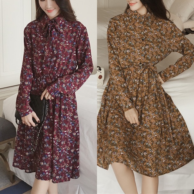 長袖 花柄 シャツ風 ワンピース