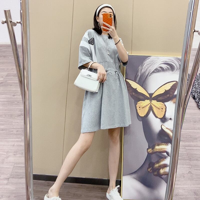 サマーラウンドネックカラートライアングルギャザースリムドレス カジュアルスカート 大きめサイズ 夏物 Oネック ミックスインファッション20412742635