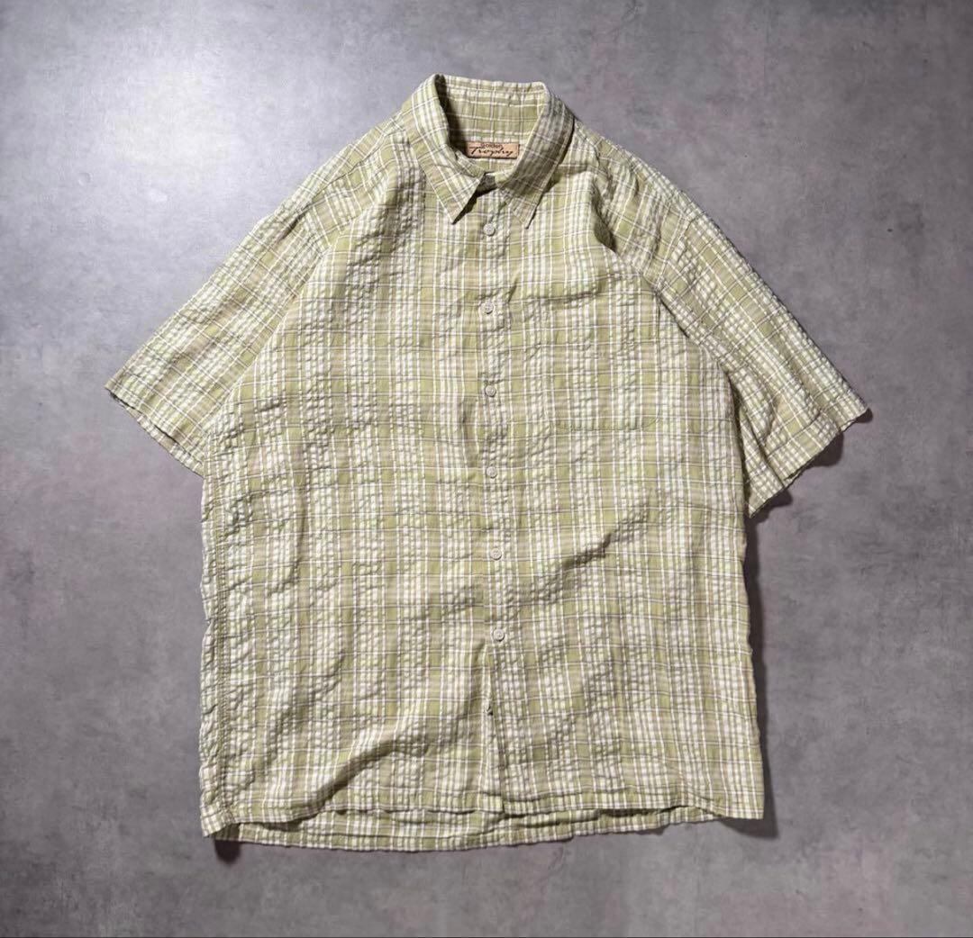 ヴィンテージ 古着 チェック 半袖シャツ 緑 ライトグリーン 夏服 レトロ