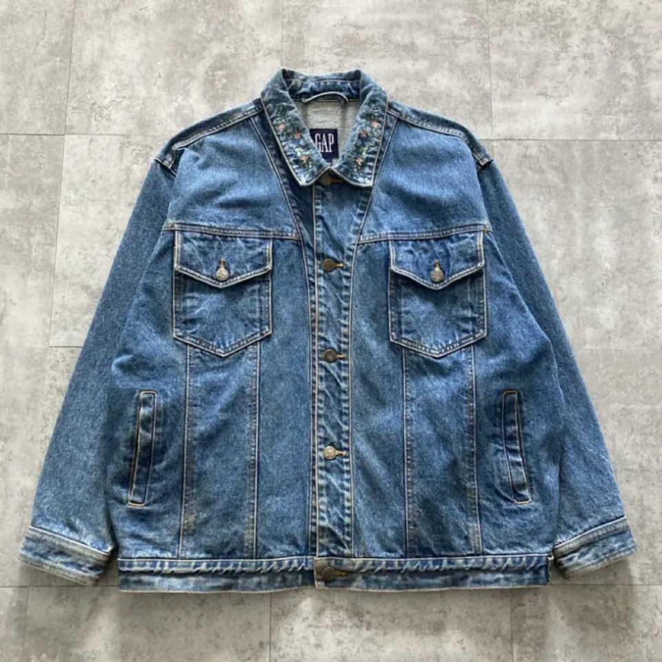 Size.M】90's OLD GAP オールドギャップ 襟刺繍デザイン ボタニカル