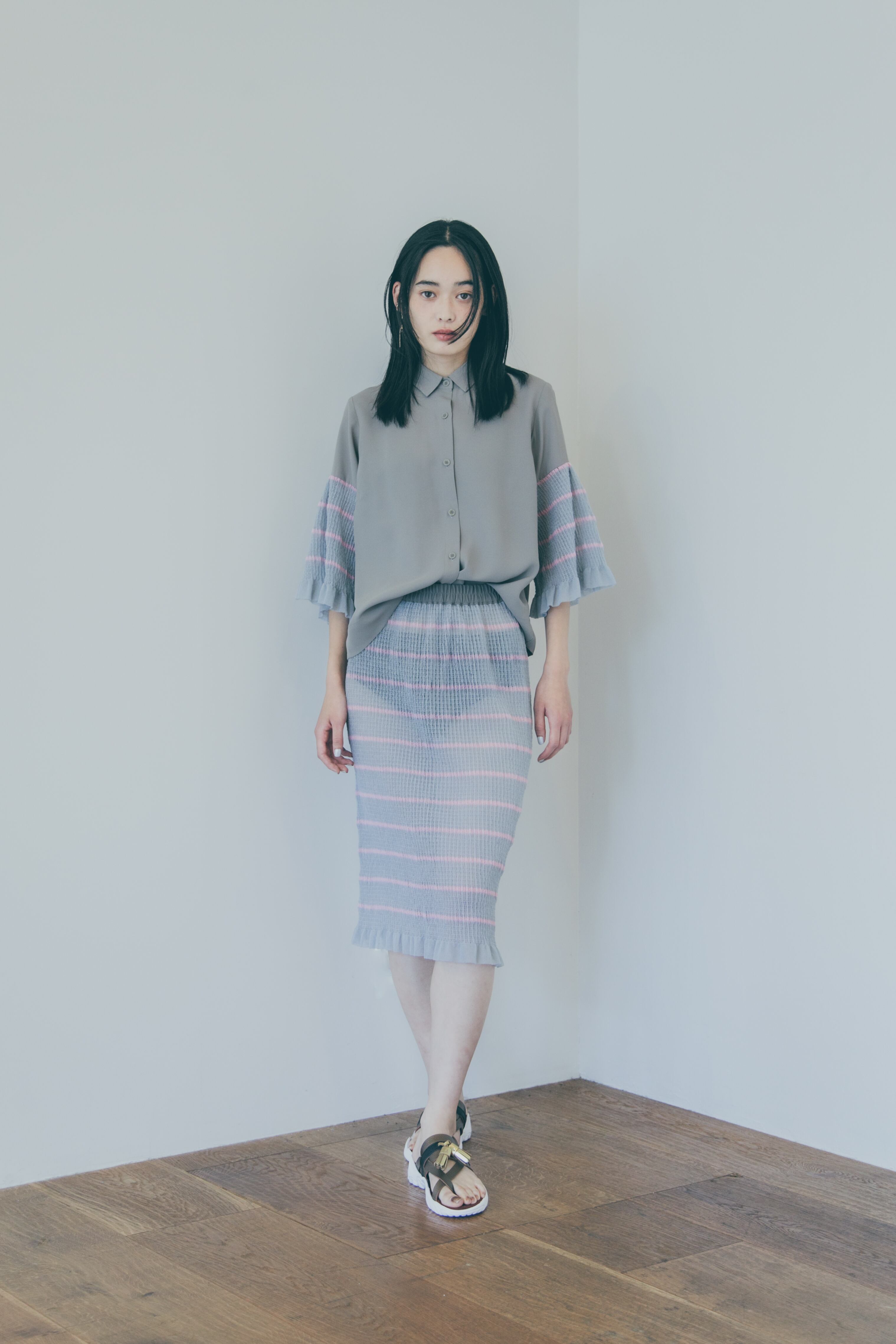 受注 全額支払い】YUKI SHIMANE Shirring Border-Knit Skirt- BLUE 