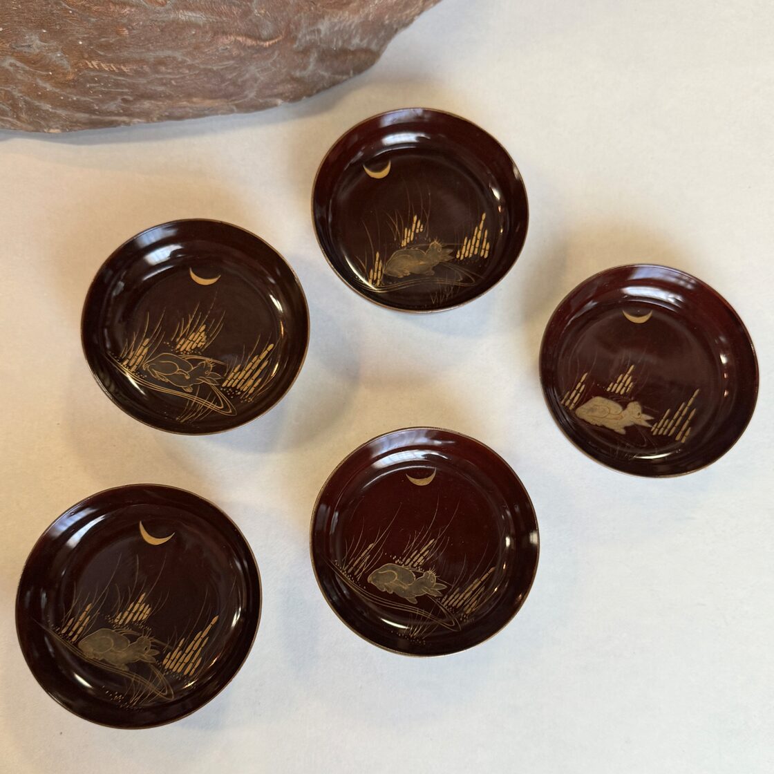 時代物漆器 金蒔絵漆 月うさぎ文木製菓子器5客セット 木製皿 | PAY ID