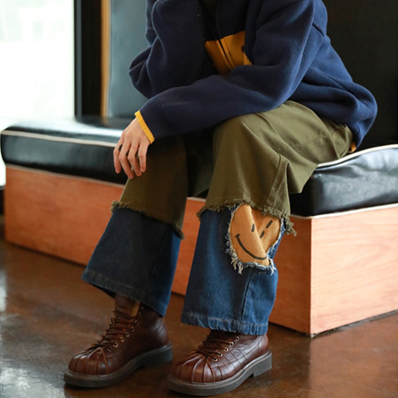 【大人気特価】OctopusMe青丹色の配色デニム切替パンツ