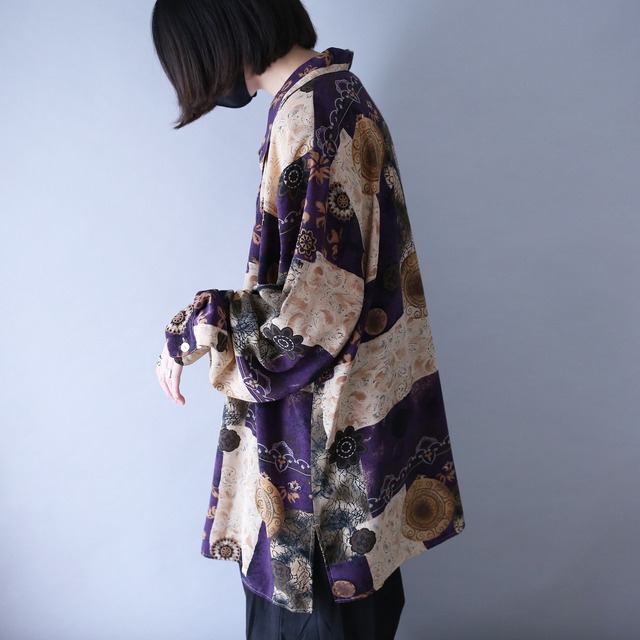 artistic arabesque pattern over silhouette open collar shirt