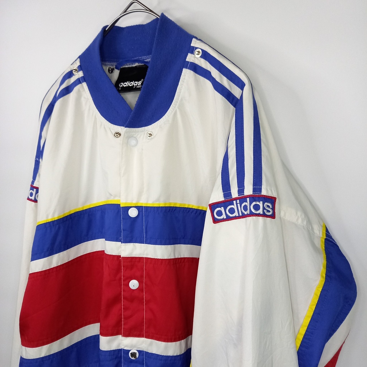 90s　アディダス　ナイロンジャケット　ボマー　ノーカラー　刺繍　トリコカラー